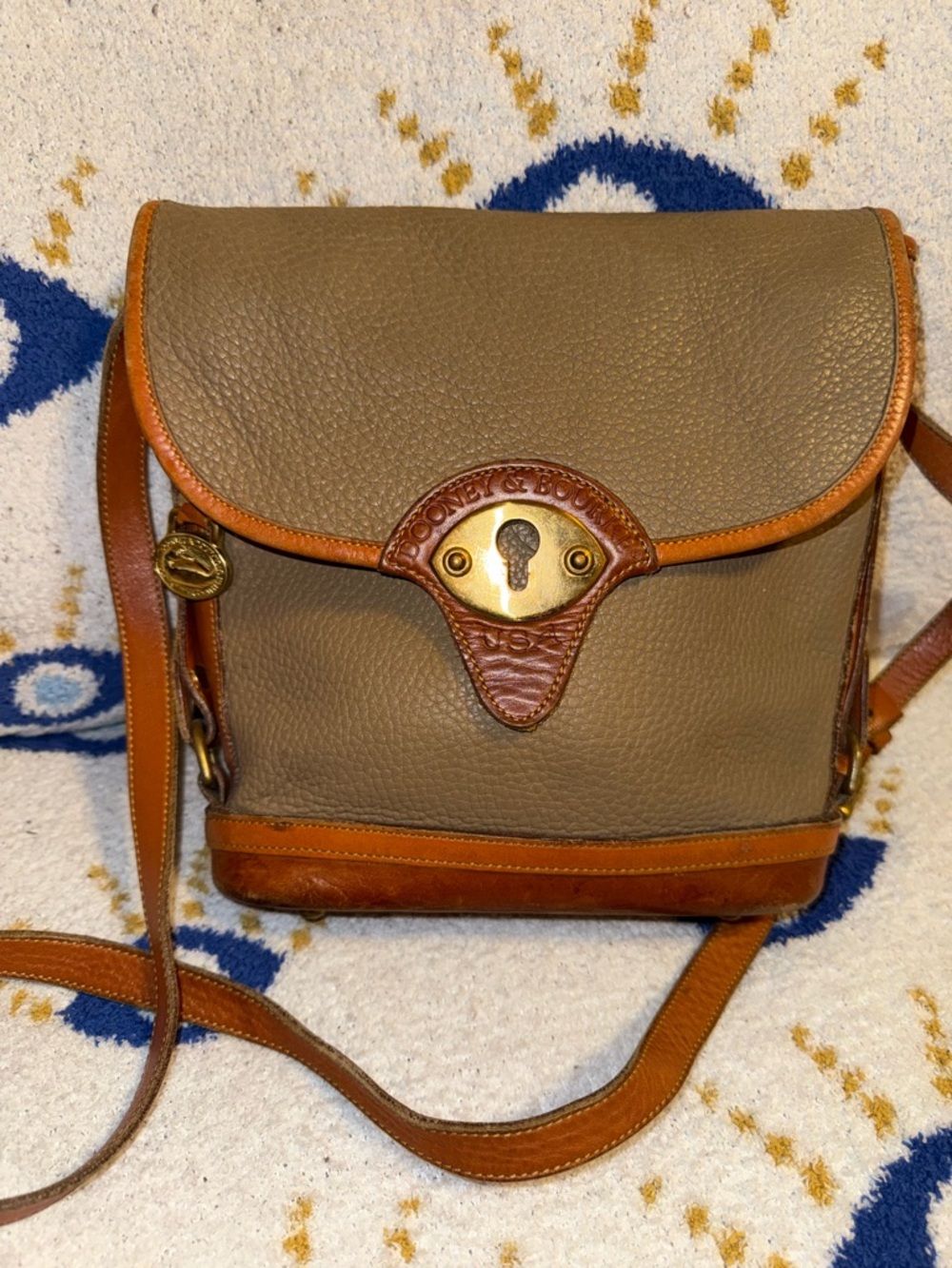 Vinatge Dooney & Bourke Taupe Pebbled Leather Crossbody with Cognac Trim